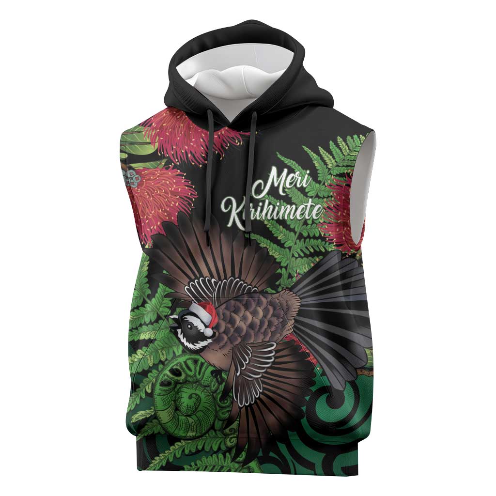 Meri Kirihimete New Zealand Sleeveless Hoodie Piwakawaka Koru Fern Mix Pohutukawa - Aussie Hoodie