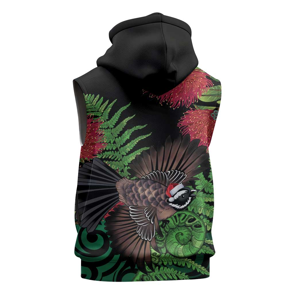 Meri Kirihimete New Zealand Sleeveless Hoodie Piwakawaka Koru Fern Mix Pohutukawa - Aussie Hoodie