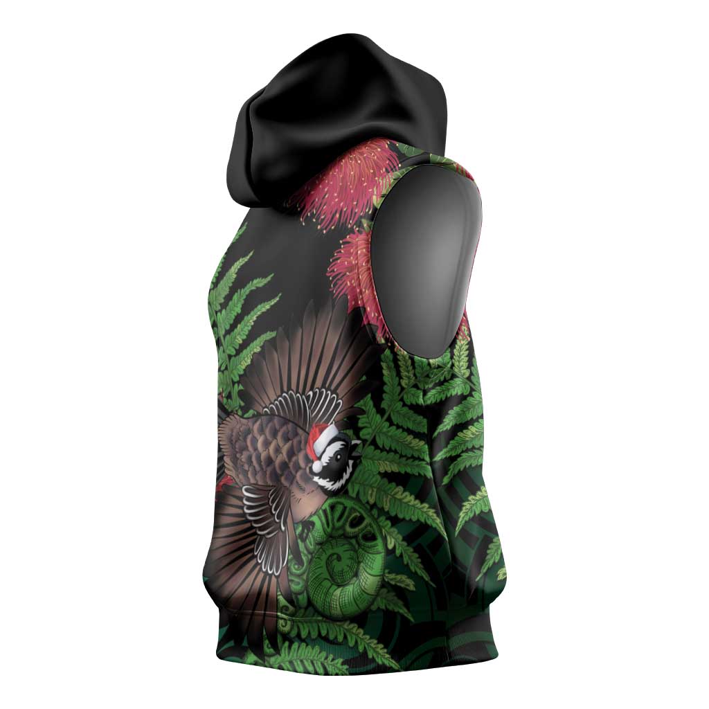 Meri Kirihimete New Zealand Sleeveless Hoodie Piwakawaka Koru Fern Mix Pohutukawa - Aussie Hoodie