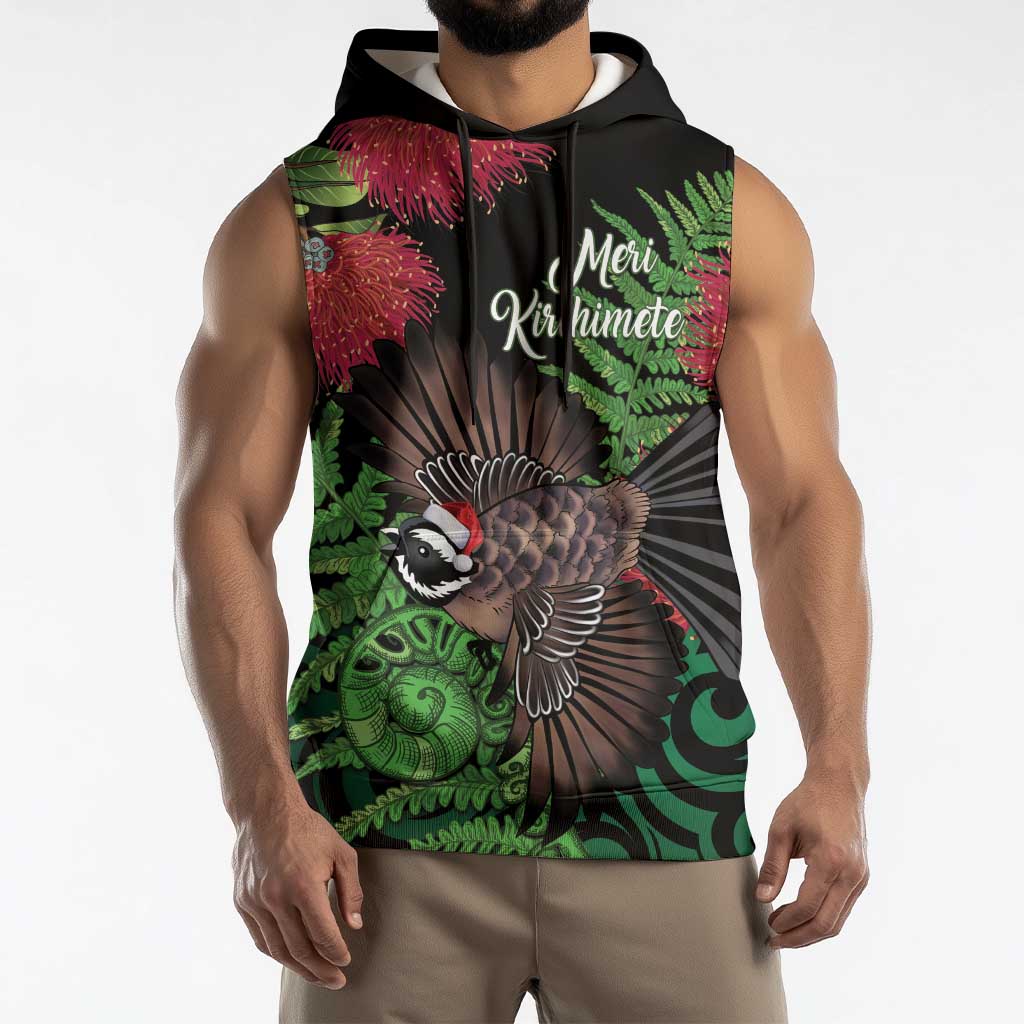 Meri Kirihimete New Zealand Sleeveless Hoodie Piwakawaka Koru Fern Mix Pohutukawa - Aussie Hoodie