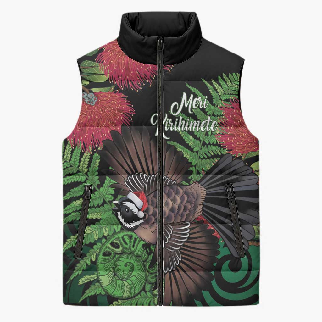 Meri Kirihimete New Zealand Sleeveless Puffer Jacket Piwakawaka Koru Fern Mix Pohutukawa - Aussie Hoodie