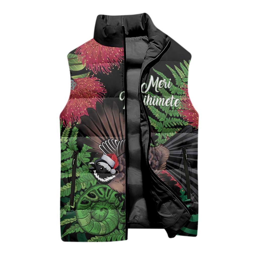 Meri Kirihimete New Zealand Sleeveless Puffer Jacket Piwakawaka Koru Fern Mix Pohutukawa - Aussie Hoodie