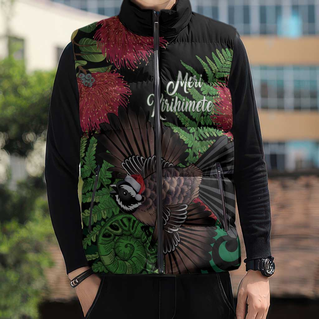 Meri Kirihimete New Zealand Sleeveless Puffer Jacket Piwakawaka Koru Fern Mix Pohutukawa - Aussie Hoodie