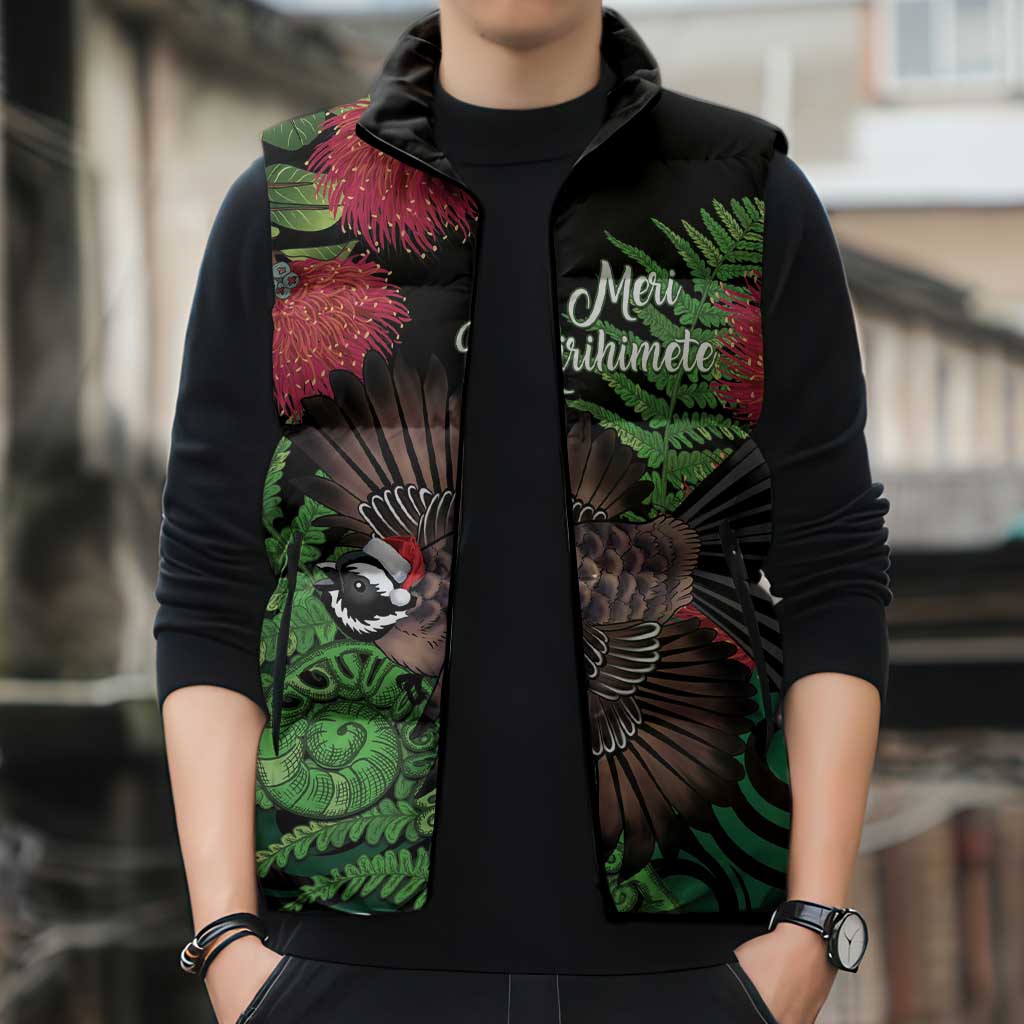 Meri Kirihimete New Zealand Sleeveless Puffer Jacket Piwakawaka Koru Fern Mix Pohutukawa - Aussie Hoodie