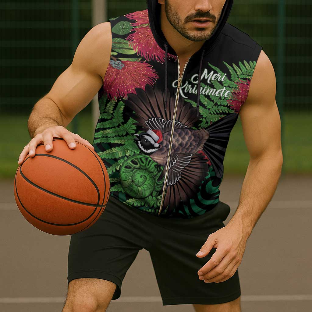 Meri Kirihimete New Zealand Sleeveless Zip Hoodie Piwakawaka Koru Fern Mix Pohutukawa - Aussie Hoodie