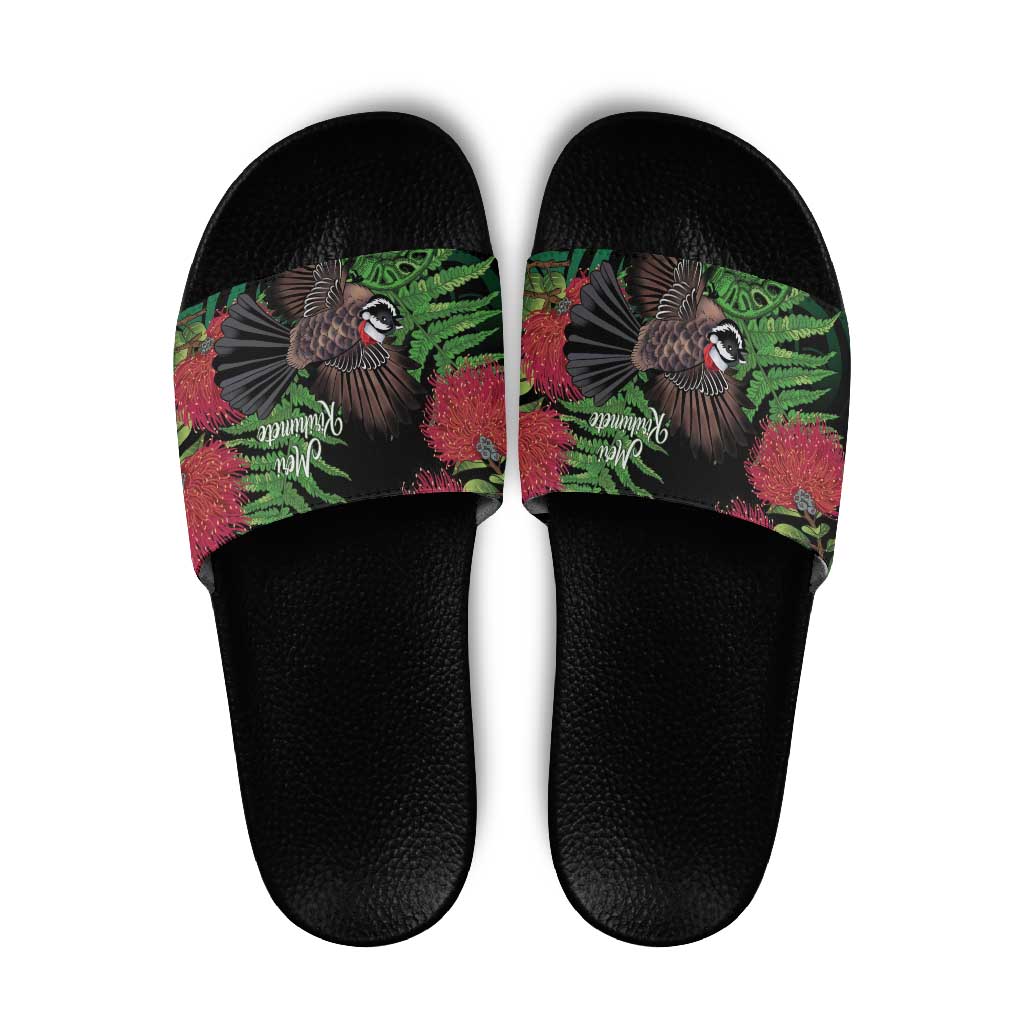 Meri Kirihimete New Zealand Slide Sandals Piwakawaka Koru Fern Mix Pohutukawa - Aussie Hoodie