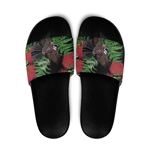 Meri Kirihimete New Zealand Slide Sandals Piwakawaka Koru Fern Mix Pohutukawa - Aussie Hoodie