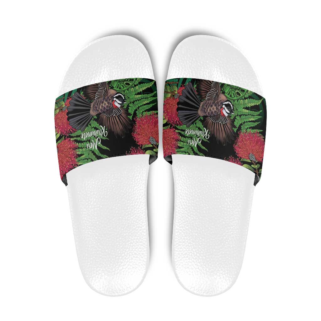 Meri Kirihimete New Zealand Slide Sandals Piwakawaka Koru Fern Mix Pohutukawa - Aussie Hoodie