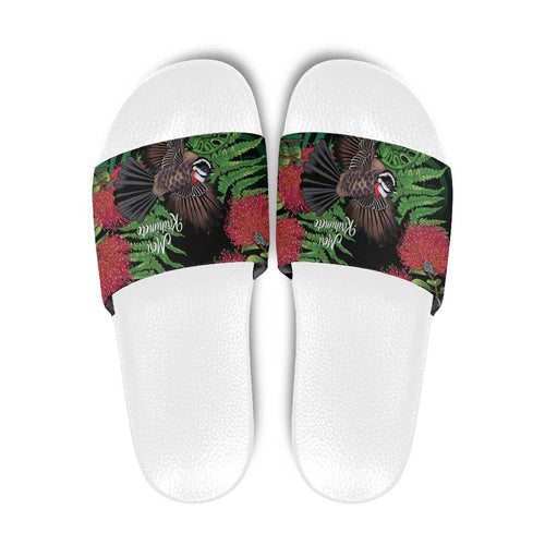Meri Kirihimete New Zealand Slide Sandals Piwakawaka Koru Fern Mix Pohutukawa - Aussie Hoodie