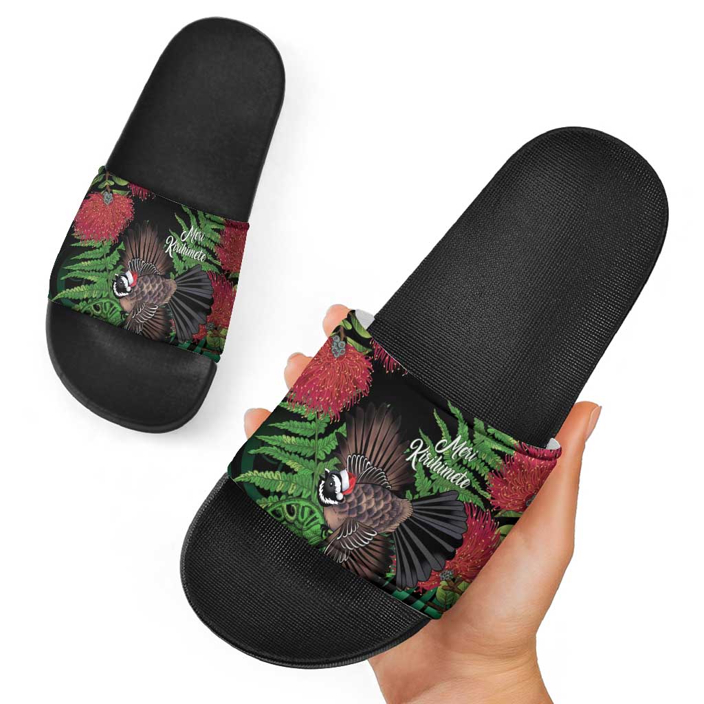 Meri Kirihimete New Zealand Slide Sandals Piwakawaka Koru Fern Mix Pohutukawa - Aussie Hoodie