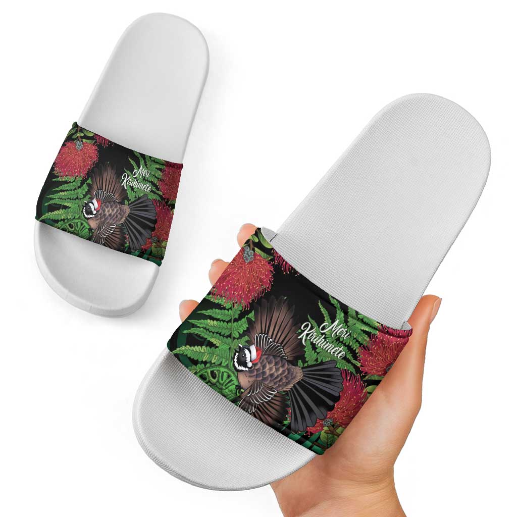Meri Kirihimete New Zealand Slide Sandals Piwakawaka Koru Fern Mix Pohutukawa - Aussie Hoodie