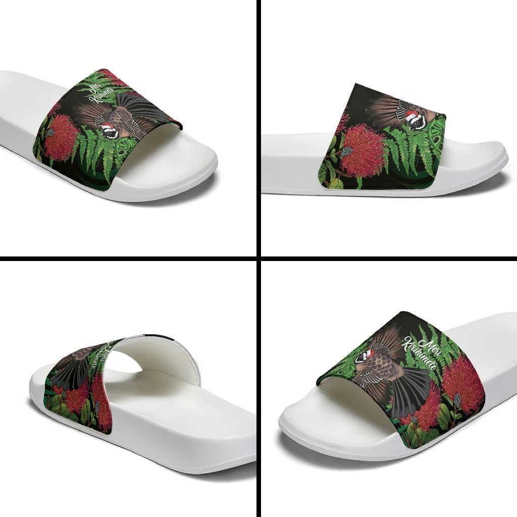Meri Kirihimete New Zealand Slide Sandals Piwakawaka Koru Fern Mix Pohutukawa - Aussie Hoodie