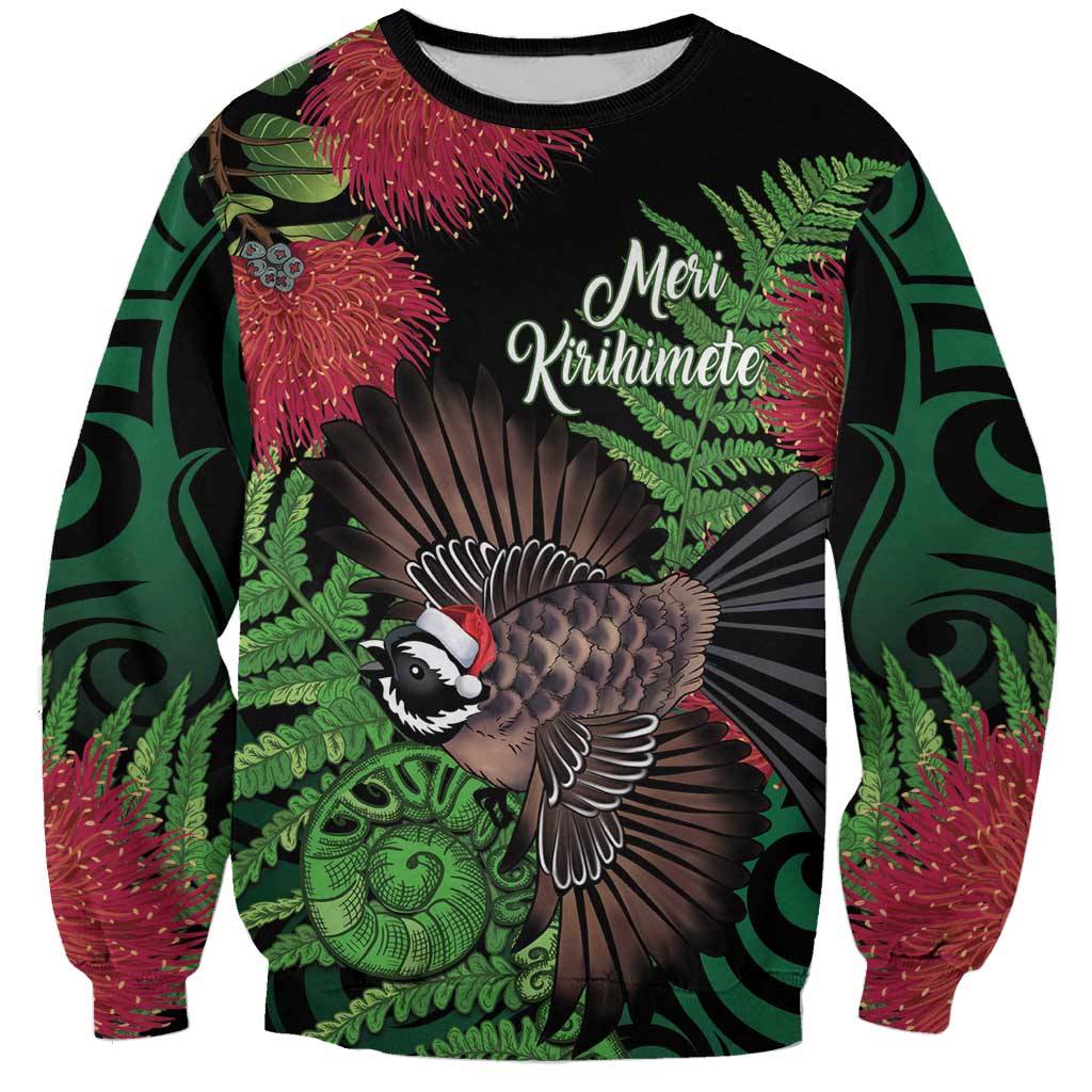 Meri Kirihimete New Zealand Sweatshirt Piwakawaka Koru Fern Mix Pohutukawa - Aussie Hoodie