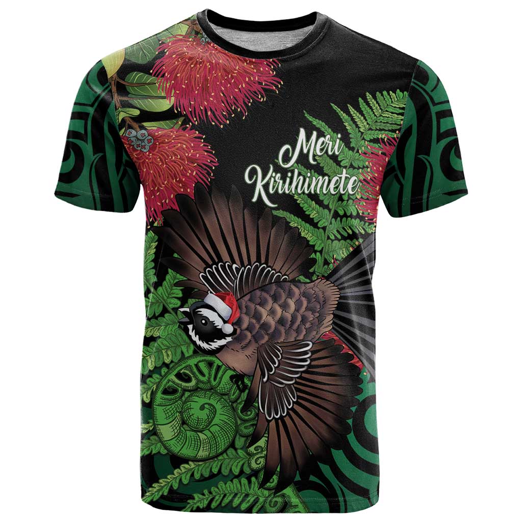 Meri Kirihimete New Zealand T Shirt Piwakawaka Koru Fern Mix Pohutukawa - Aussie Hoodie