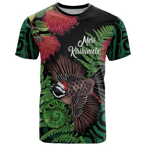 Meri Kirihimete New Zealand T Shirt Piwakawaka Koru Fern Mix Pohutukawa - Aussie Hoodie