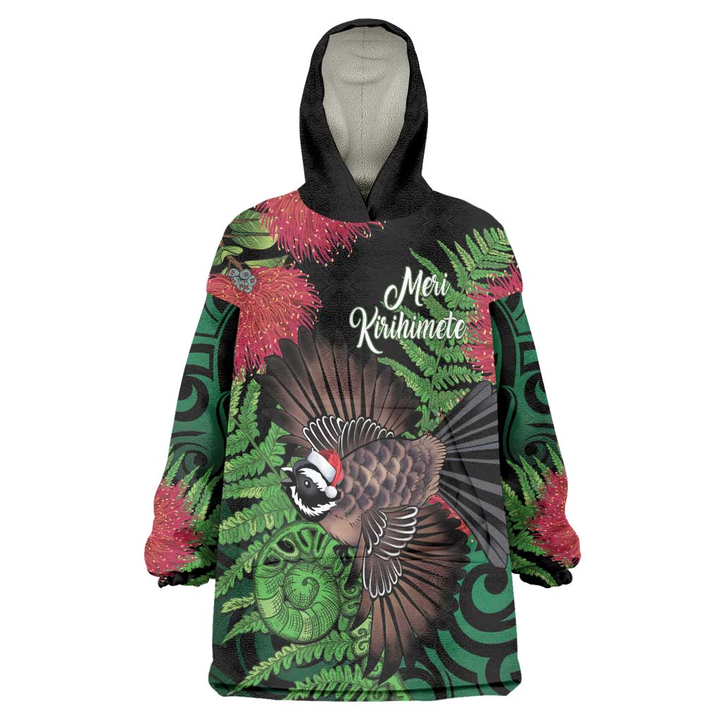 Meri Kirihimete New Zealand Wearable Blanket Hoodie Piwakawaka Koru Fern Mix Pohutukawa - Aussie Hoodie