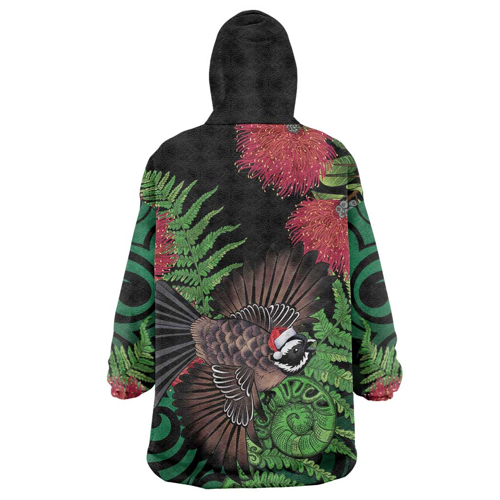 Meri Kirihimete New Zealand Wearable Blanket Hoodie Piwakawaka Koru Fern Mix Pohutukawa - Aussie Hoodie
