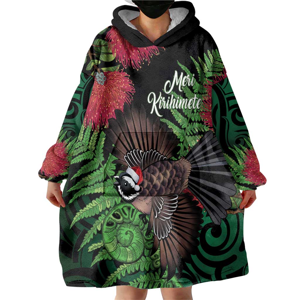 Meri Kirihimete New Zealand Wearable Blanket Hoodie Piwakawaka Koru Fern Mix Pohutukawa - Aussie Hoodie