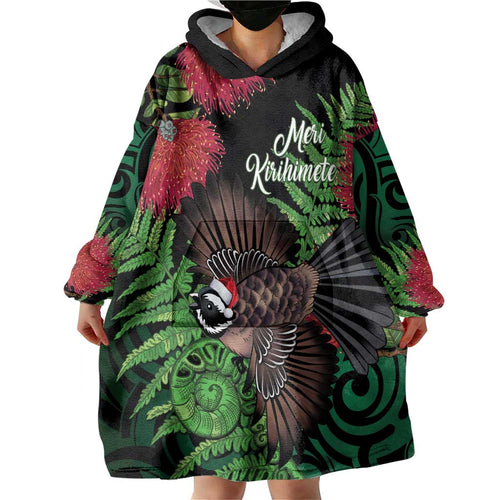 Meri Kirihimete New Zealand Wearable Blanket Hoodie Piwakawaka Koru Fern Mix Pohutukawa - Aussie Hoodie