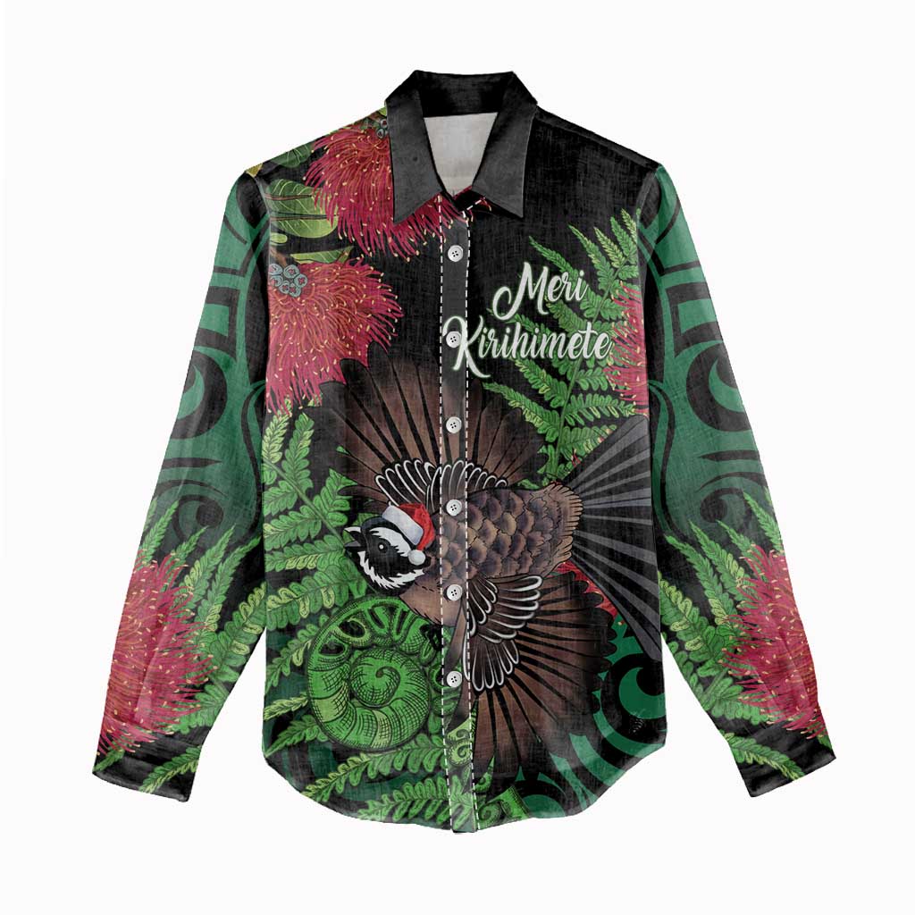 Meri Kirihimete New Zealand Women Casual Shirt Piwakawaka Koru Fern Mix Pohutukawa - Aussie Hoodie