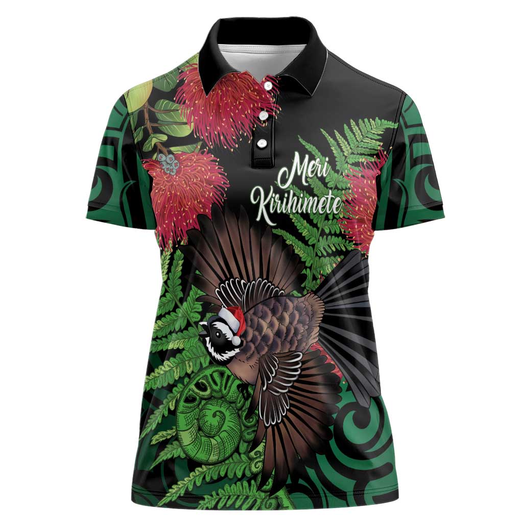 Meri Kirihimete New Zealand Women Polo Shirt Piwakawaka Koru Fern Mix Pohutukawa - Aussie Hoodie