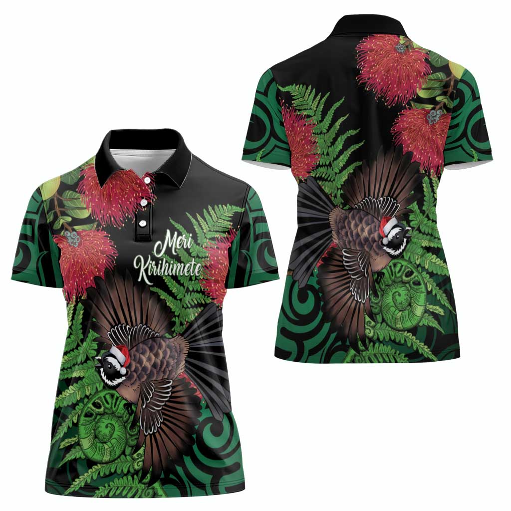 Meri Kirihimete New Zealand Women Polo Shirt Piwakawaka Koru Fern Mix Pohutukawa - Aussie Hoodie