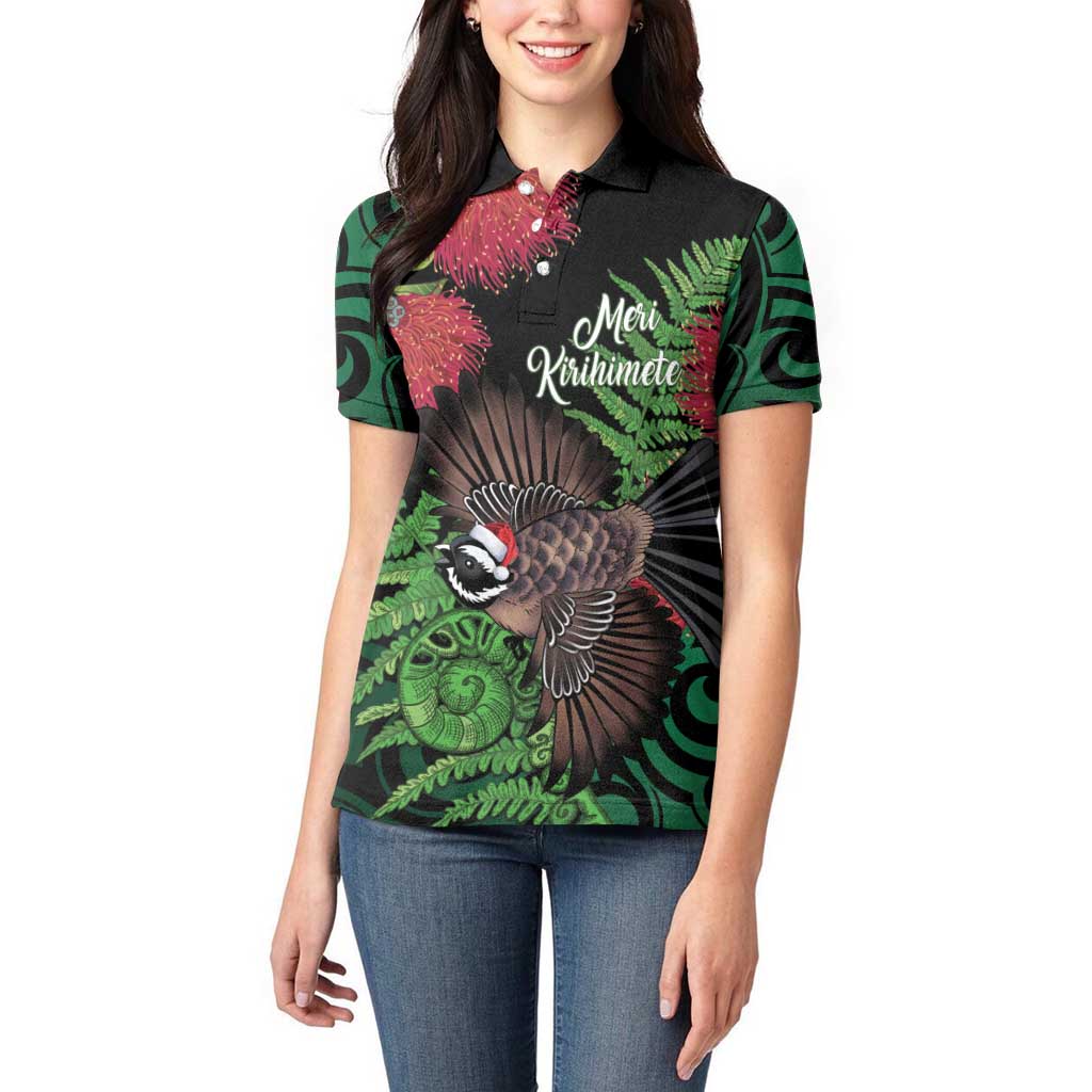 Meri Kirihimete New Zealand Women Polo Shirt Piwakawaka Koru Fern Mix Pohutukawa - Aussie Hoodie