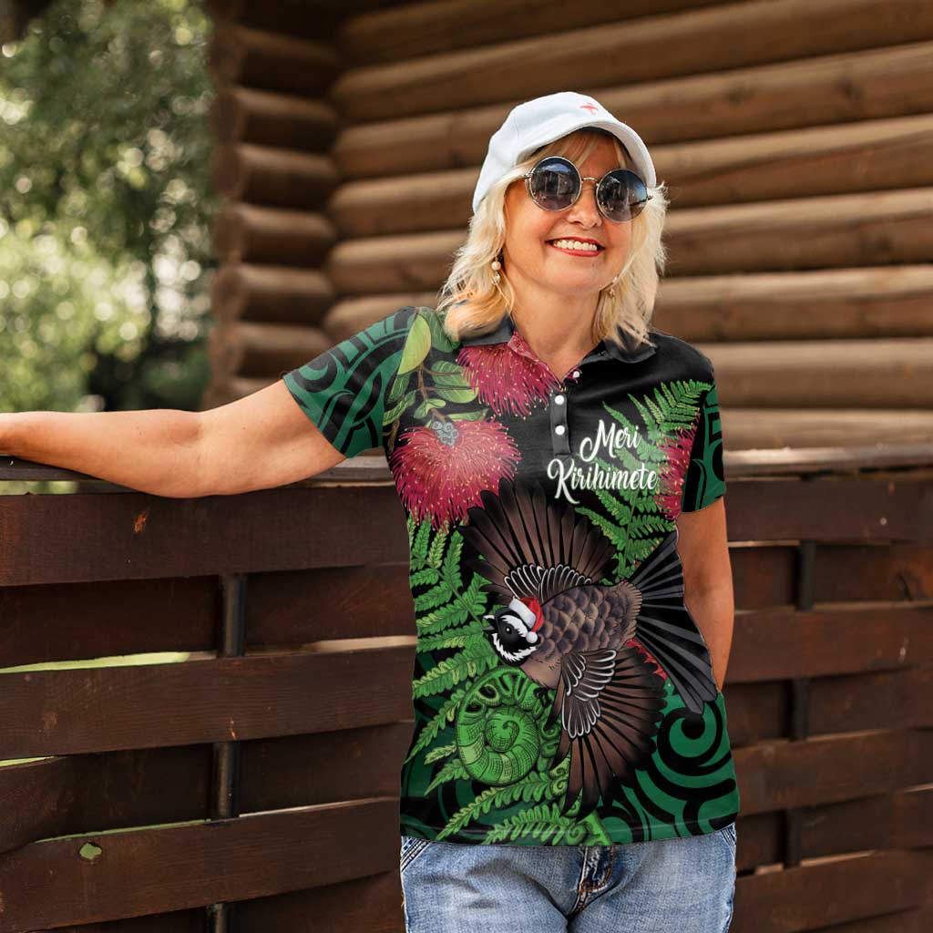 Meri Kirihimete New Zealand Women Polo Shirt Piwakawaka Koru Fern Mix Pohutukawa - Aussie Hoodie