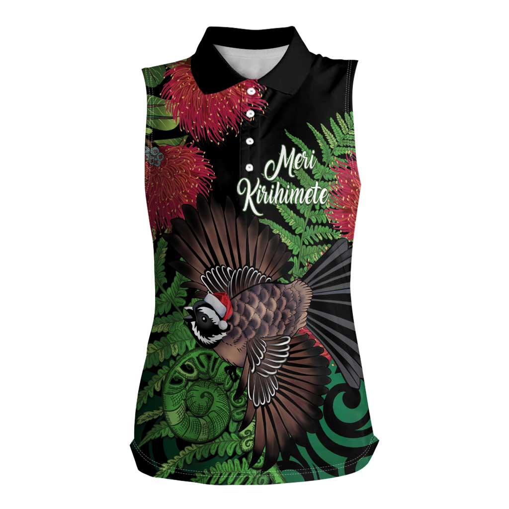 Meri Kirihimete New Zealand Women Sleeveless Polo Shirt Piwakawaka Koru Fern Mix Pohutukawa - Aussie Hoodie