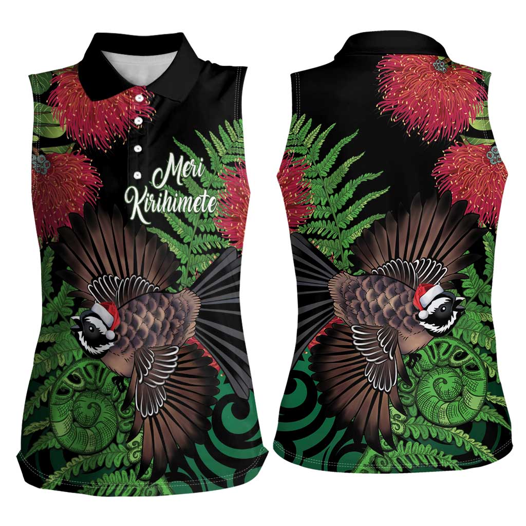 Meri Kirihimete New Zealand Women Sleeveless Polo Shirt Piwakawaka Koru Fern Mix Pohutukawa - Aussie Hoodie