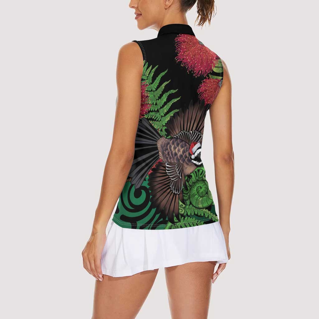 Meri Kirihimete New Zealand Women Sleeveless Polo Shirt Piwakawaka Koru Fern Mix Pohutukawa - Aussie Hoodie