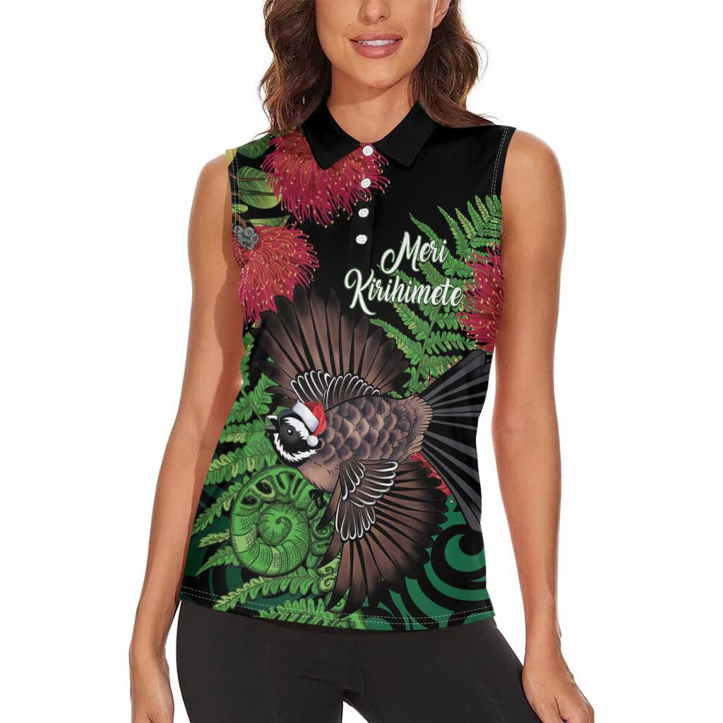 Meri Kirihimete New Zealand Women Sleeveless Polo Shirt Piwakawaka Koru Fern Mix Pohutukawa - Aussie Hoodie