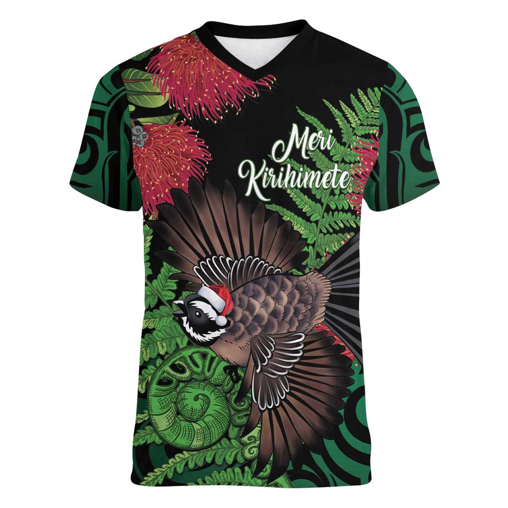 Meri Kirihimete New Zealand Women V-Neck T-Shirt Piwakawaka Koru Fern Mix Pohutukawa - Aussie Hoodie