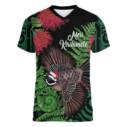 Meri Kirihimete New Zealand Women V-Neck T-Shirt Piwakawaka Koru Fern Mix Pohutukawa - Aussie Hoodie
