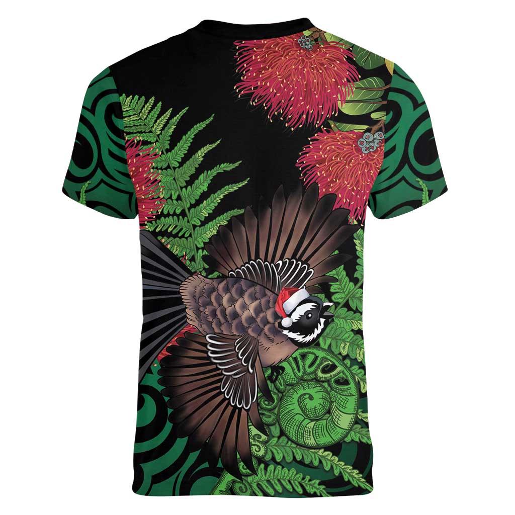 Meri Kirihimete New Zealand Women V-Neck T-Shirt Piwakawaka Koru Fern Mix Pohutukawa - Aussie Hoodie