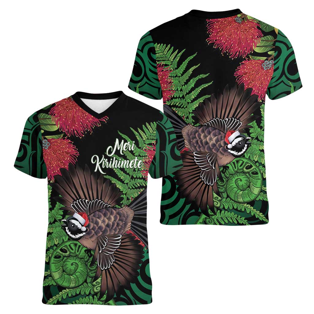 Meri Kirihimete New Zealand Women V-Neck T-Shirt Piwakawaka Koru Fern Mix Pohutukawa - Aussie Hoodie