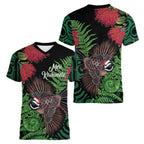 Meri Kirihimete New Zealand Women V-Neck T-Shirt Piwakawaka Koru Fern Mix Pohutukawa - Aussie Hoodie