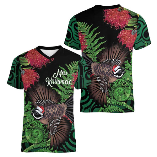 Meri Kirihimete New Zealand Women V-Neck T-Shirt Piwakawaka Koru Fern Mix Pohutukawa - Aussie Hoodie
