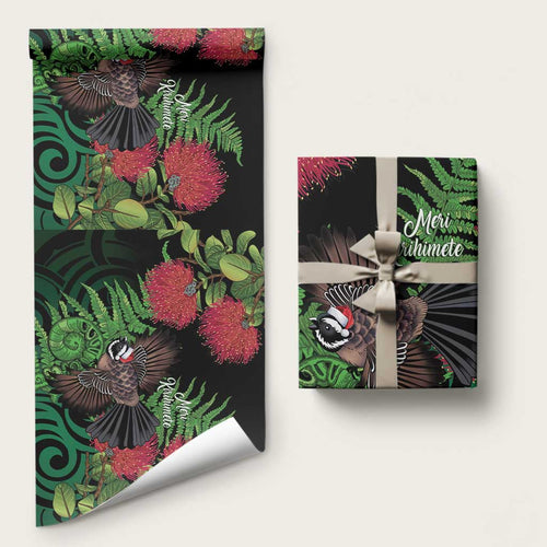 Meri Kirihimete New Zealand Wrapping Paper Piwakawaka Koru Fern Mix Pohutukawa - Aussie Hoodie