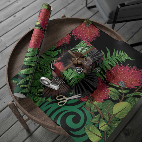 Meri Kirihimete New Zealand Wrapping Paper Piwakawaka Koru Fern Mix Pohutukawa - Aussie Hoodie