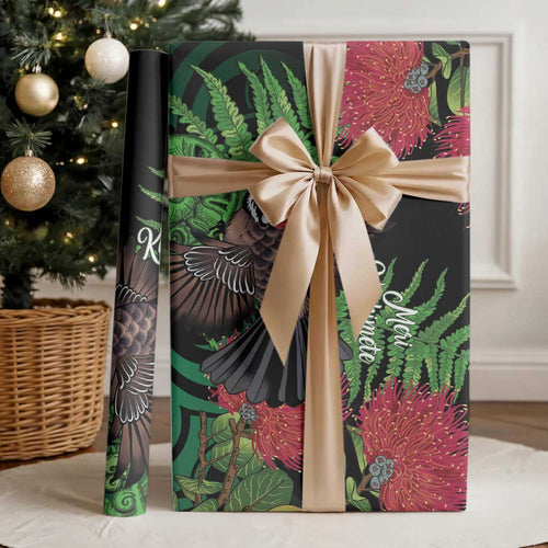 Meri Kirihimete New Zealand Wrapping Paper Piwakawaka Koru Fern Mix Pohutukawa - Aussie Hoodie