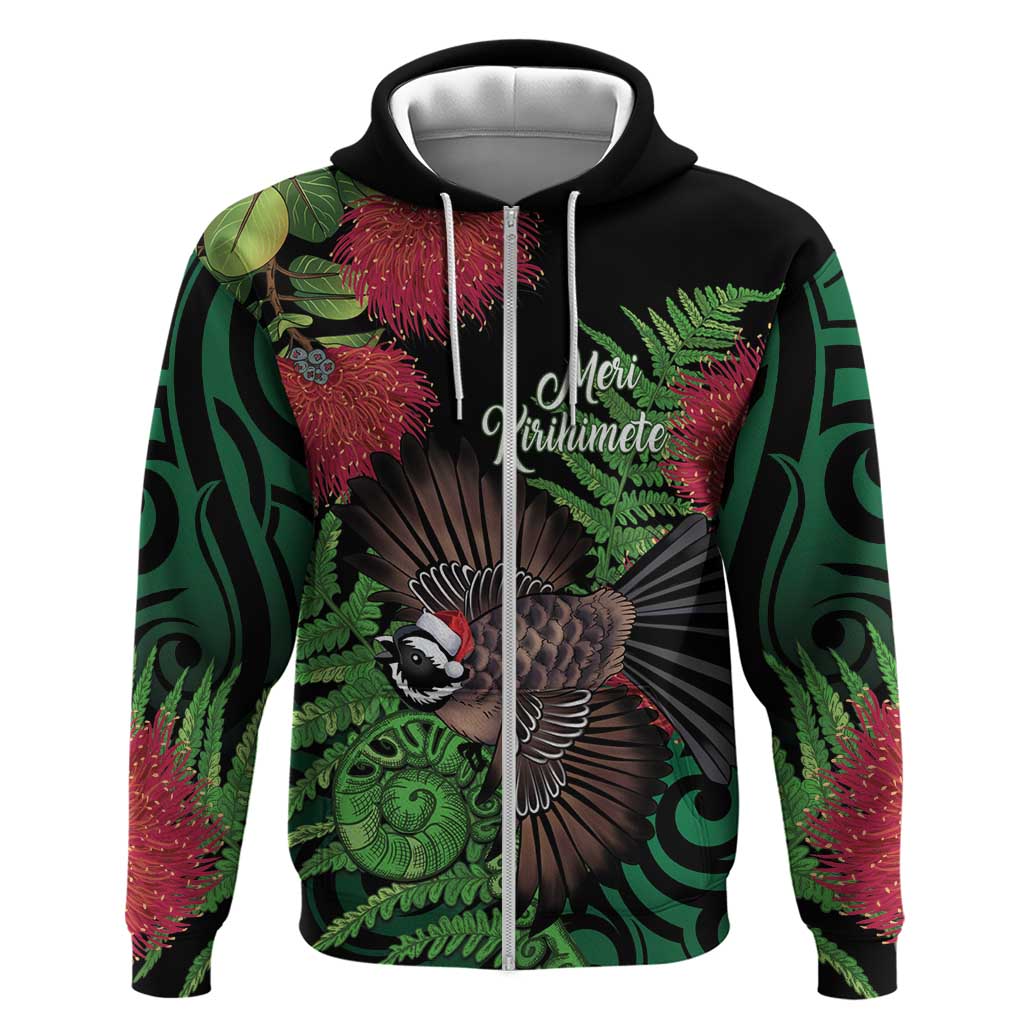 Meri Kirihimete New Zealand Zip Hoodie Piwakawaka Koru Fern Mix Pohutukawa - Aussie Hoodie