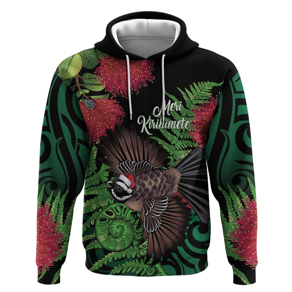 Meri Kirihimete New Zealand Zip Hoodie Piwakawaka Koru Fern Mix Pohutukawa - Aussie Hoodie