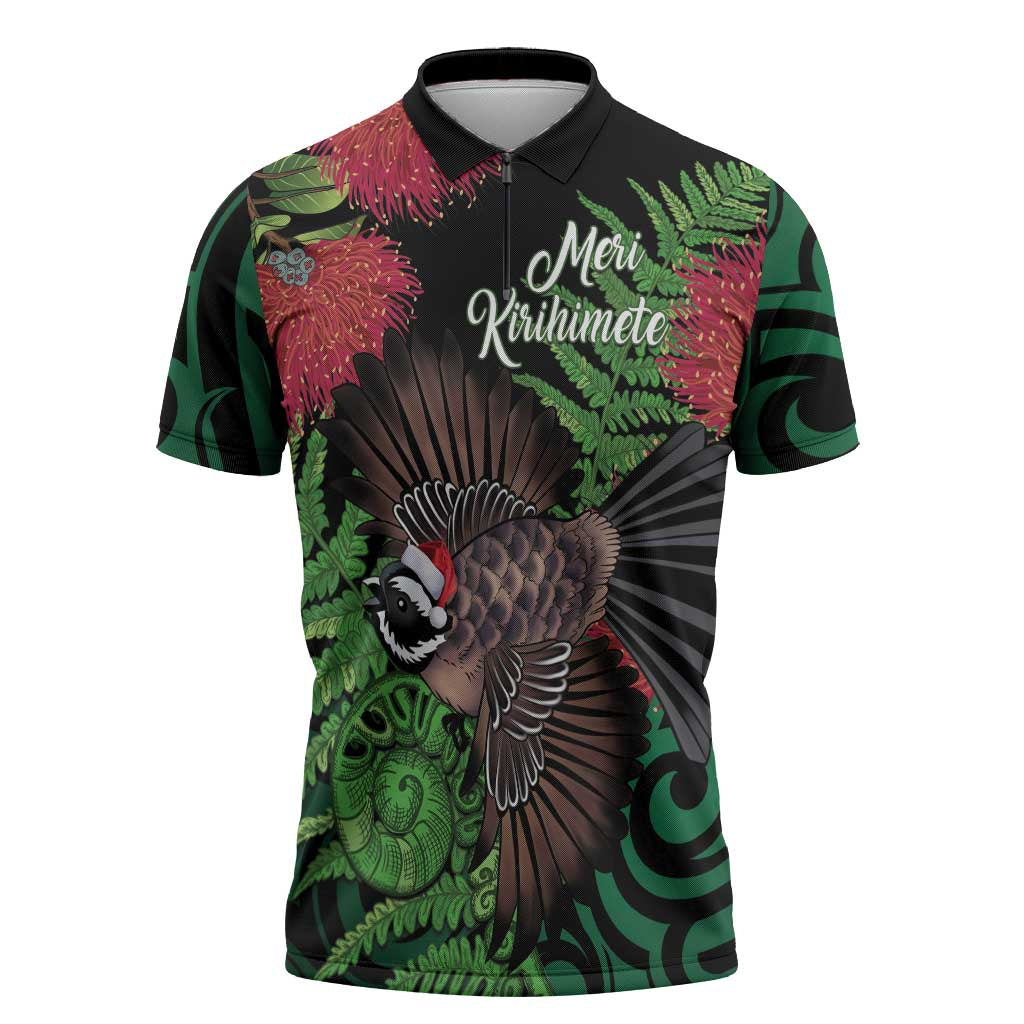 Meri Kirihimete New Zealand Zipper Polo Shirt Piwakawaka Koru Fern Mix Pohutukawa - Aussie Hoodie