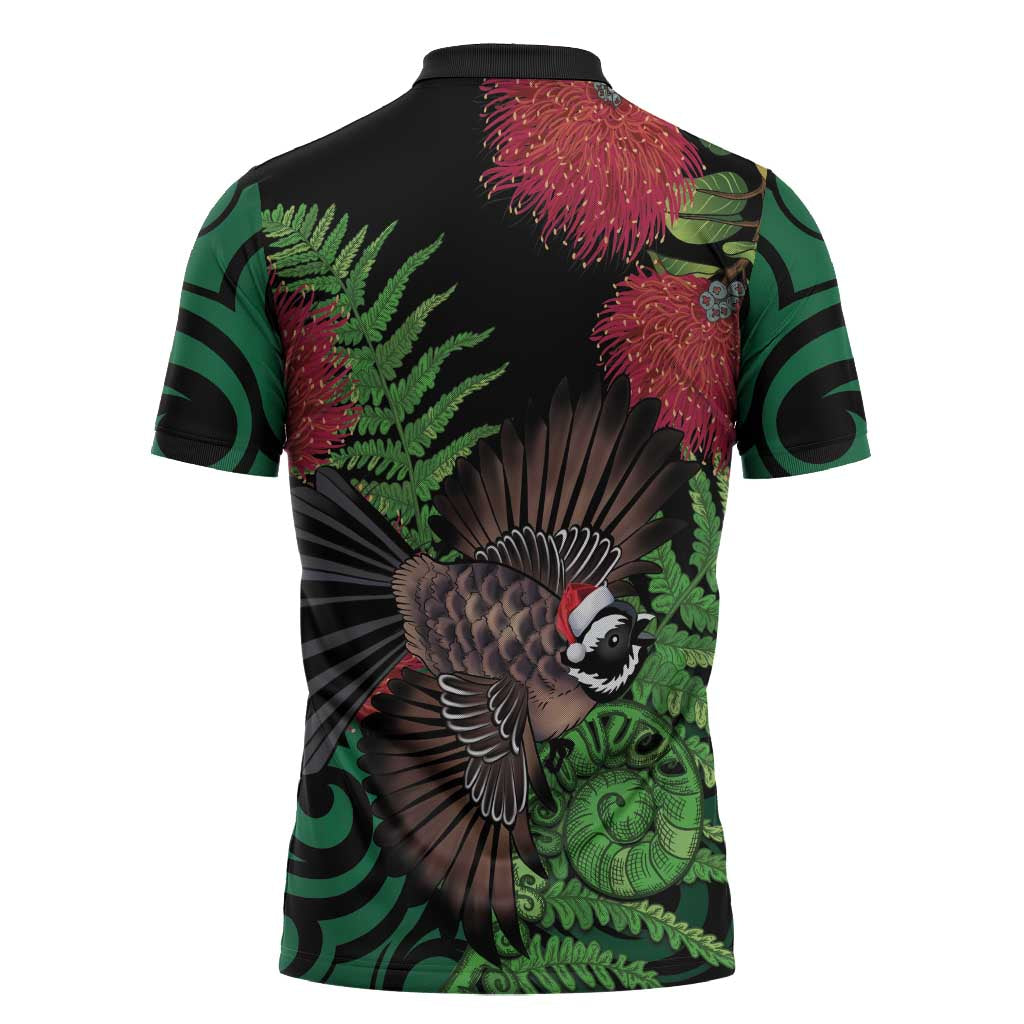 Meri Kirihimete New Zealand Zipper Polo Shirt Piwakawaka Koru Fern Mix Pohutukawa - Aussie Hoodie