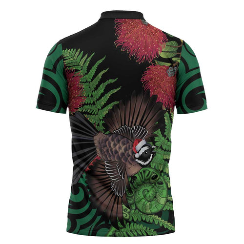 Meri Kirihimete New Zealand Zipper Polo Shirt Piwakawaka Koru Fern Mix Pohutukawa - Aussie Hoodie