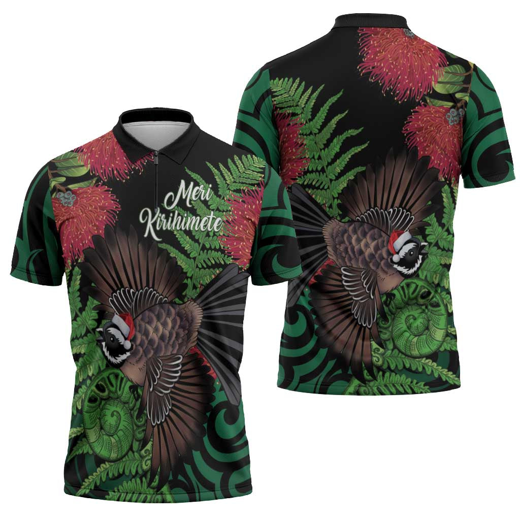 Meri Kirihimete New Zealand Zipper Polo Shirt Piwakawaka Koru Fern Mix Pohutukawa - Aussie Hoodie