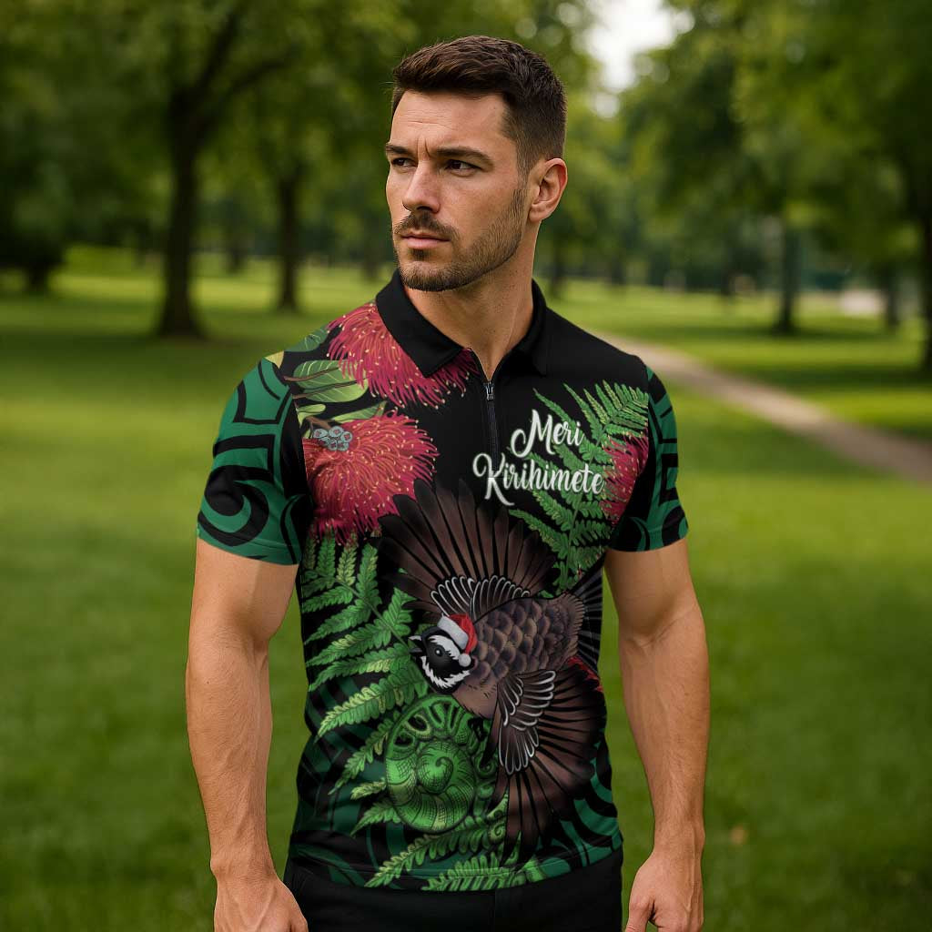 Meri Kirihimete New Zealand Zipper Polo Shirt Piwakawaka Koru Fern Mix Pohutukawa - Aussie Hoodie