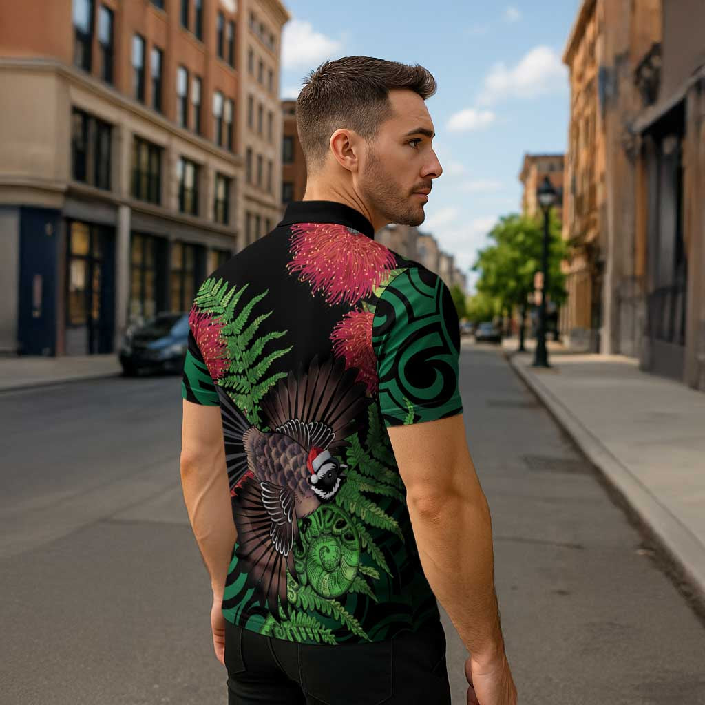Meri Kirihimete New Zealand Zipper Polo Shirt Piwakawaka Koru Fern Mix Pohutukawa - Aussie Hoodie