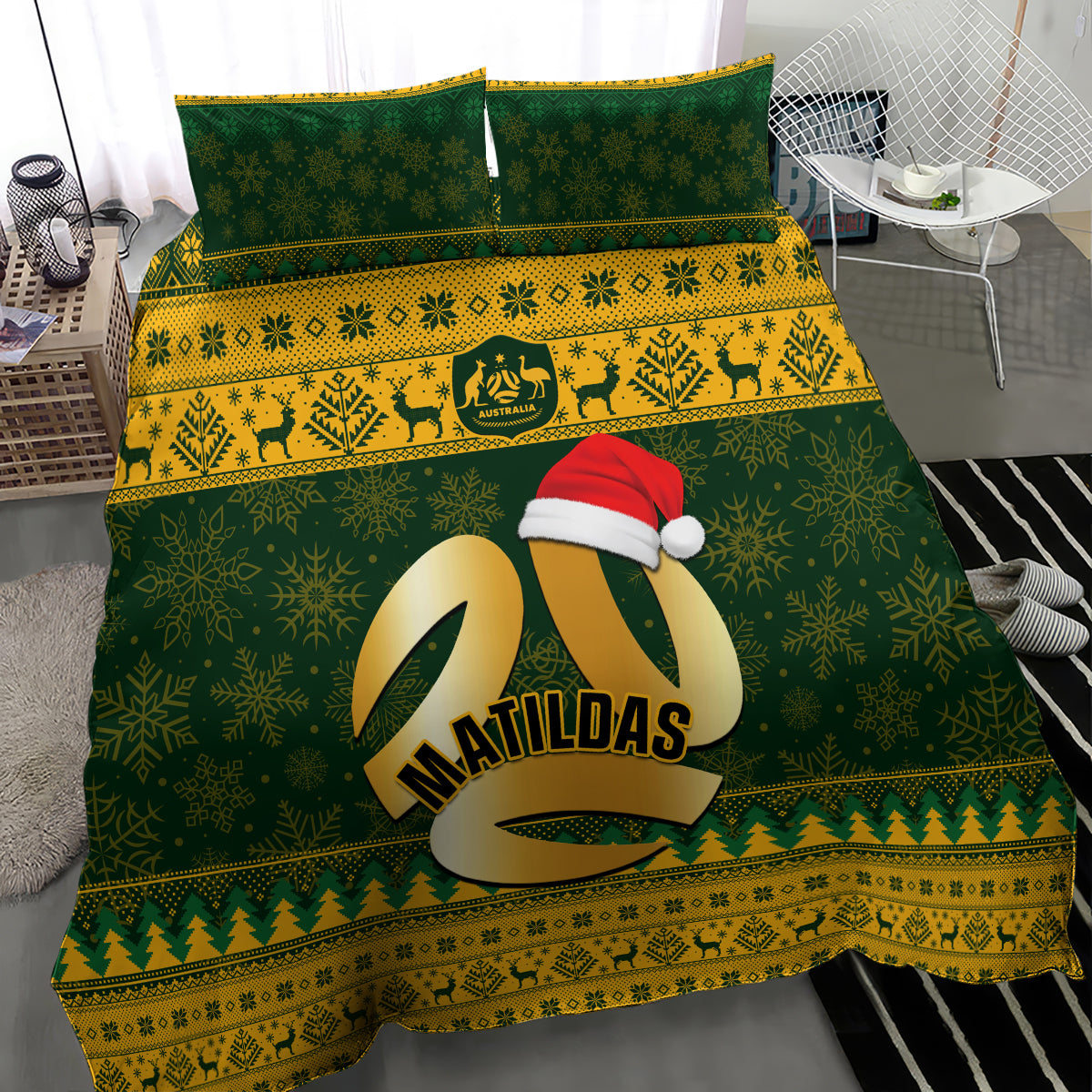 personalised-australia-matildas-christmas-bedding-set-merry-xmas-2023-national-color